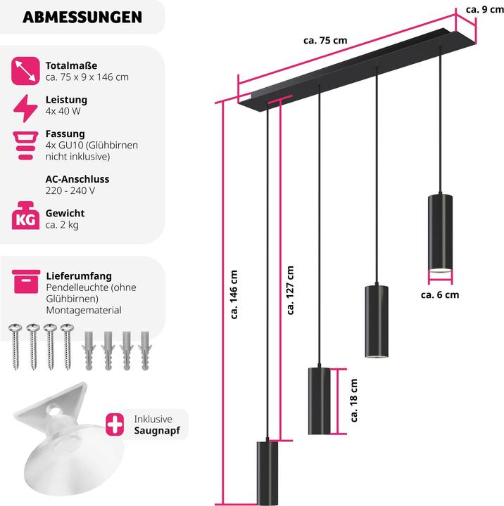 Actual product image tectake Pendant light Lumea, 4-flame, length-adjustable cables (GU10)