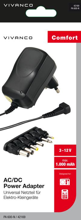 Actual product image Vivanco Universal power supply unit, 3 - 12V, 1,000mA, max. 7.2W black