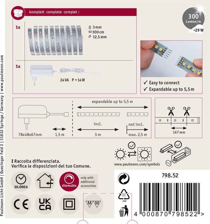 Immagine prodotto Paulmann Set di strisce MaxLED 250 (Bianco caldo, 300 cm, Interno)