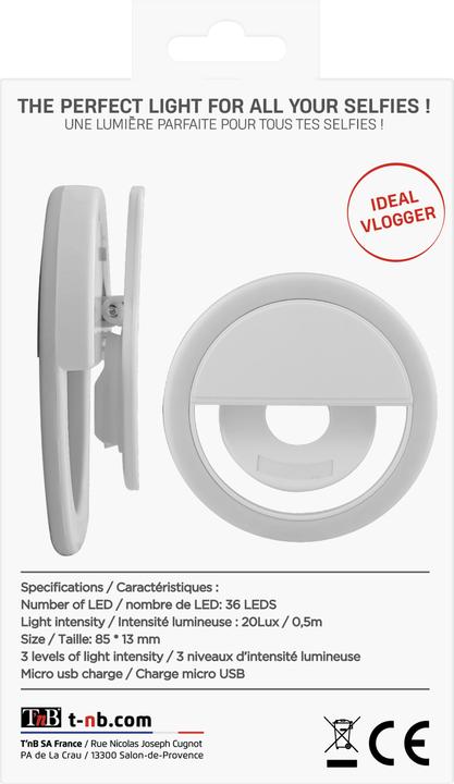 Immagine prodotto T'nB Influenza LED Ring Clip per smartphone, 6500K, batteria da 125 mAh