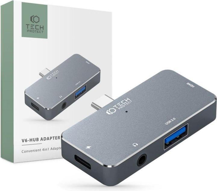 Actual product image Tech-Protect HUB V6 4in1 USB-C - USB-A 3.0 / USB-C PD100W / HDMI / mini jack 3.5mm - grey (USB-C, 4 Ports)