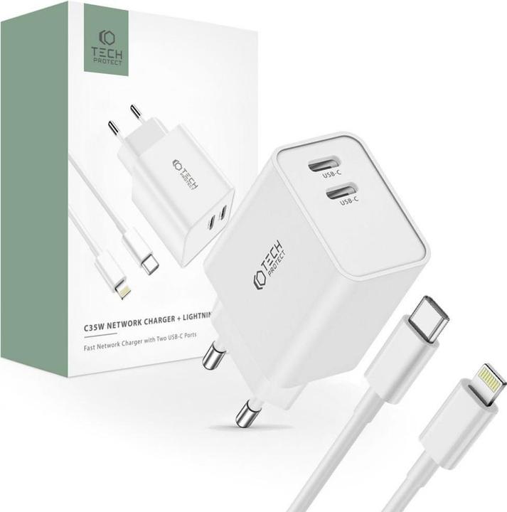 Image du produit Tech-Protect C35W 2x USB-C PD 35W chargeur réseau avec câble USB-C / Lightning - blanc (35 W)