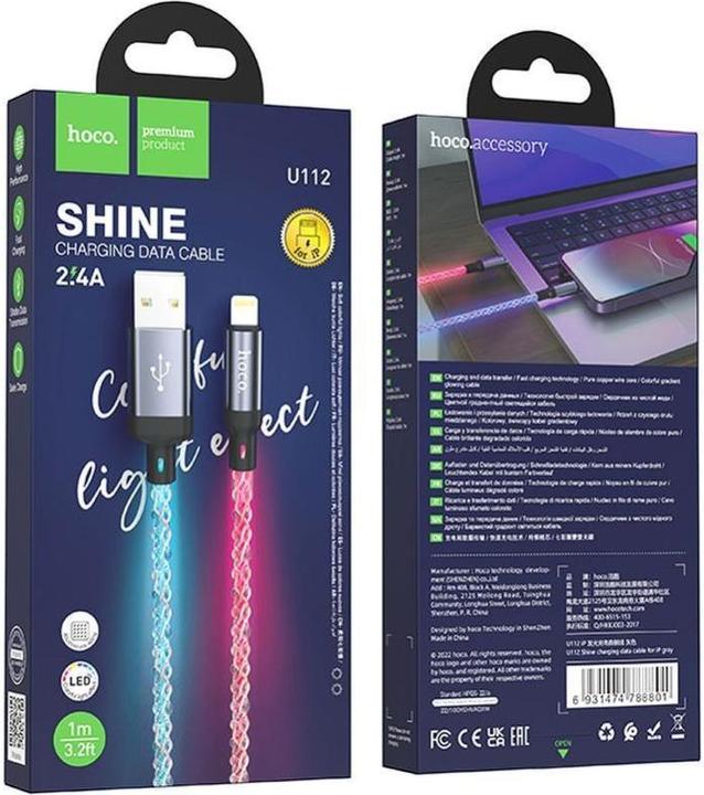 Actual product image Hoco Cable cable USB A to Lightning 2,4A U112 1 m gray (1 m, USB 3.0)