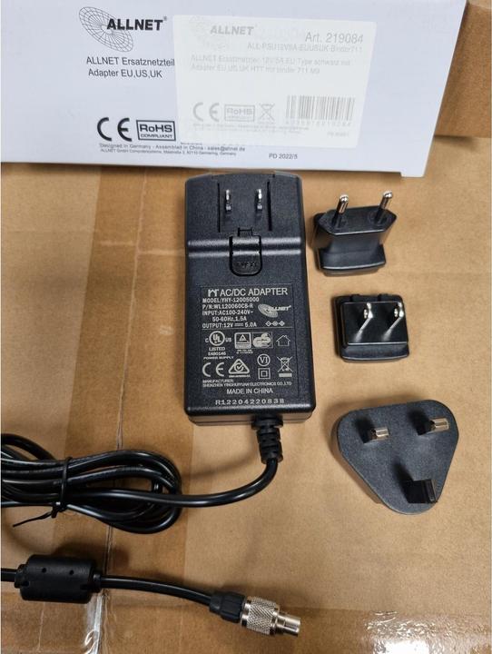 Actual product image Allnet Replacement power supply 12V/5A EU type black with adapter EU,US,UK HTT with Binder 711 M9