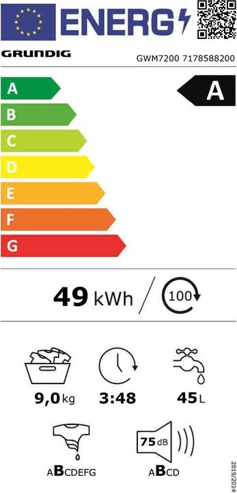 Energy Label Grundig Washing machine WM7200, 9kg, A, white (9 kg)