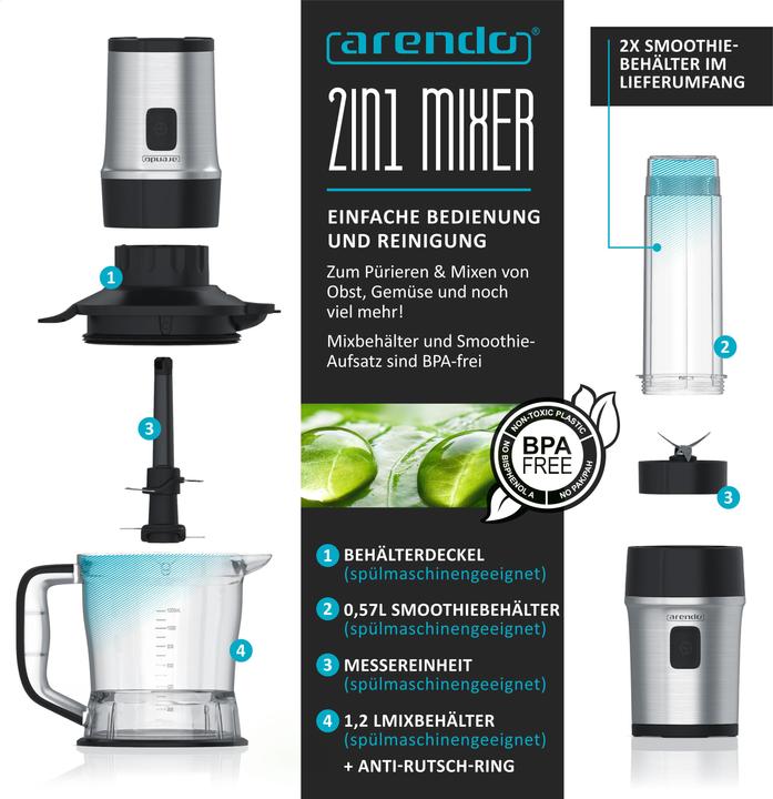 Actual product image Arendo Stand mixer 700 W, stainless steel blender & chopper 1.2L 2IN1 incl. 2x blender jug 0.57L each (1200 ml, 700 W)