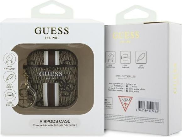 Actual product image Guess GUA2P4RPSW AirPods 1/2 cover brązowy/brown 4G Printed Stripes Charm (Headphone bag)