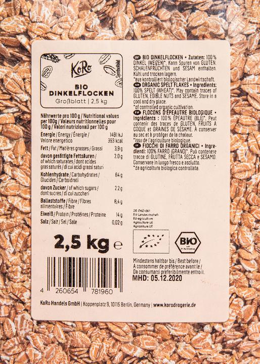 Nährwerte und Zutaten KoRo Bio Dinkelflocken Grossblatt (2500 g)