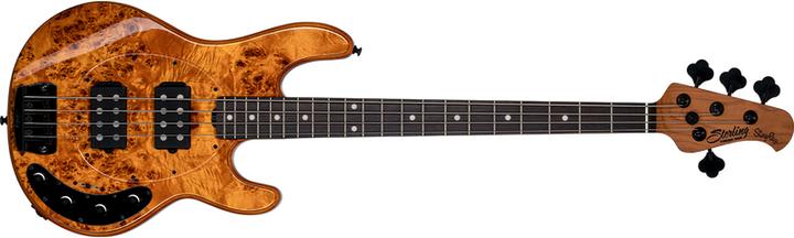 Immagine prodotto da Music Man StingRay Ray34 HH Poplar Burl Amber electric basgitaar met deluxe gigbag (Basso elettrico, Acero, Pioppo)
