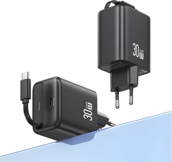 Actual product image Usams Ład. siec. 1xUSB-C ze zwijanym kablem USB-C Retractable PD+QC 30W Gan Fast Charging czarny/bla (30 W)