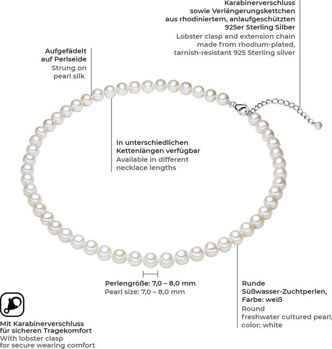 Produktbild Valero Pearls Damen Sterling Silber Süsswasser-Zuchtperle silber - 3866 (925er Silber, Perle, 60 cm)
