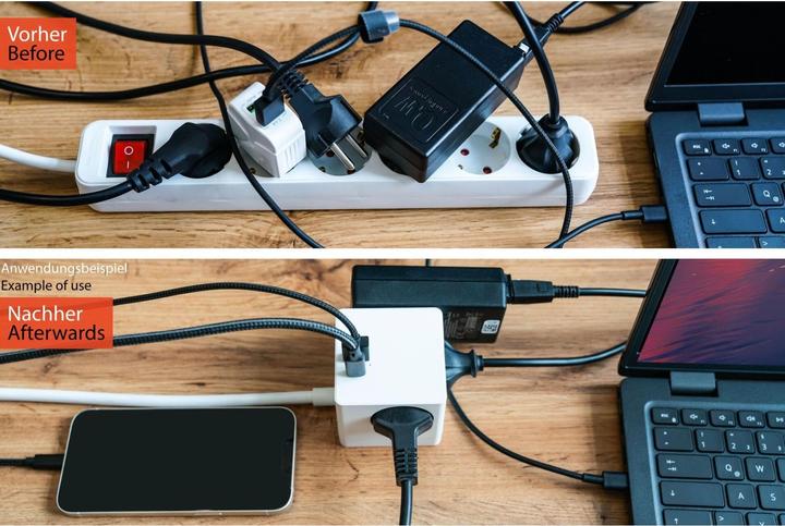 Actual product image Kabelmeister Socket cube 3-way USB-C USB-A, white, 3m (3 x, USB-A, USB-C, 3 m)