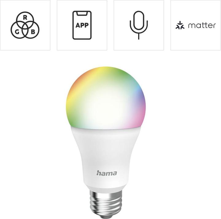 Actual product image Hama Smart WLAN LED lamp, E27, Matter, 9W, RGBW, for voice/app control (E27, 9 W, 806 lm, 1 x, F)