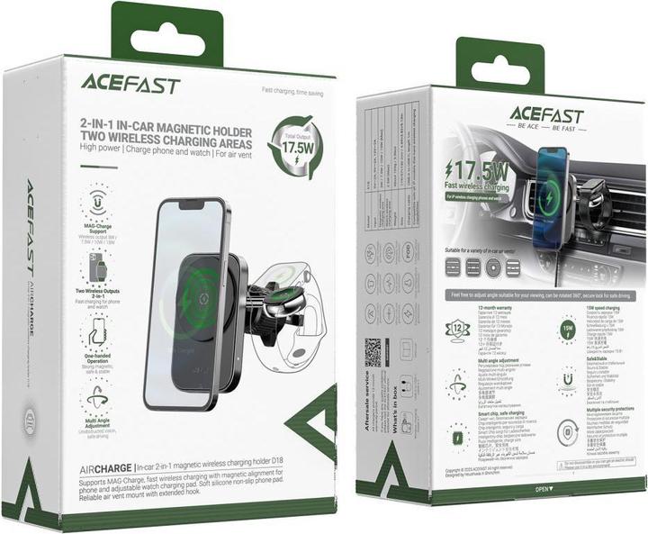 Immagine prodotto Acefast Supporto da auto D18 con caricatore induttivo MagSafe/Qi + cavo USB-A USB-C - nero