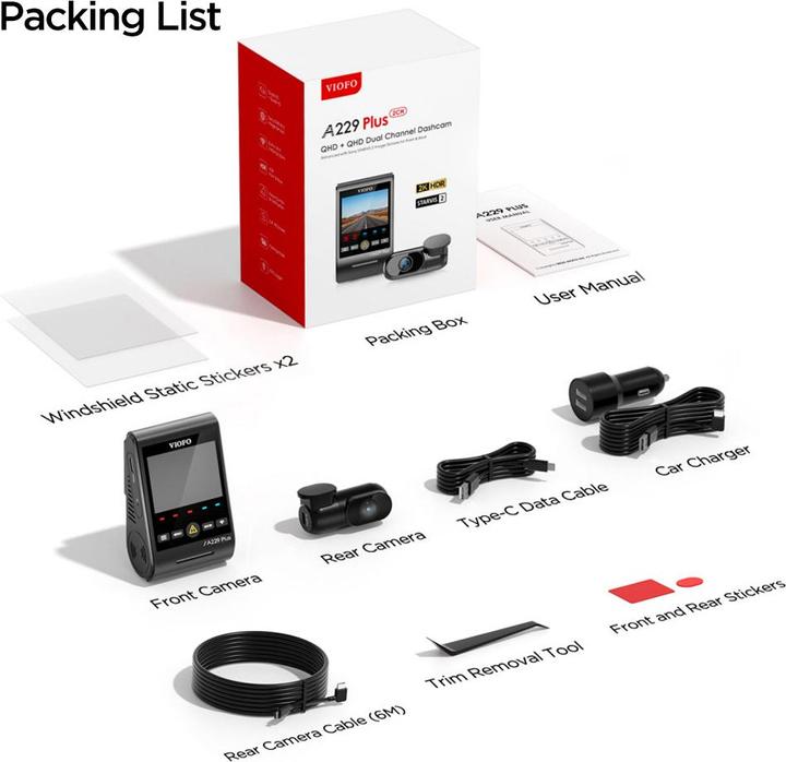 Productafbeelding Viofo A229 Plus 2CH - Dubbele dashcam (Ingebouwde microfoon, GPS-ontvanger, Ingebouwd display, Bluetooth, Versnellingssensor, Nachtzicht, Batterij, WiFi, 2K)