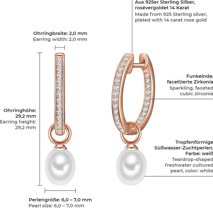 Produktbild Valero Pearls Damen Sterling Silber Zirkonia Süsswasser-Zuchtperle roségold - 11902 (925er Silber, Perle)