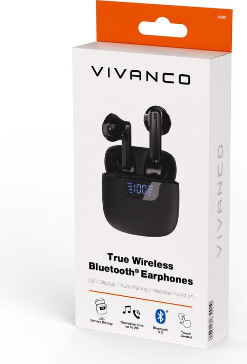 Actual product image Vivanco TWS Bluetooth headphones with LED display case, black (20 h, Cable)
