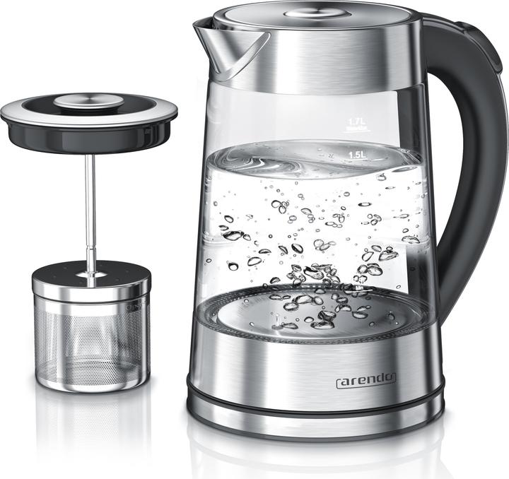 Arendo Wasserkocher 1,7 l, 2200 W, Edelstahl & Glas mit Teesieb, Teekocher, Temperaturwahl 40° C - 100° C (1.70 l)