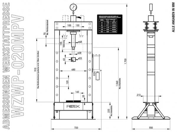 Produktbild Rotek - Werkstattpresse WZWP-020MPV 20T pneumat./adjust.