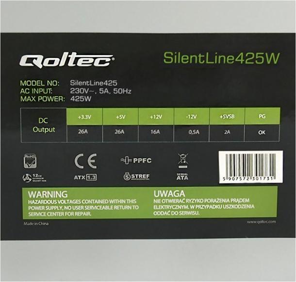 Produktbild Qoltec SilentLine - 425 W - 230 V - 50 Hz - 5 A - Passiv - 26 A (450 W)
