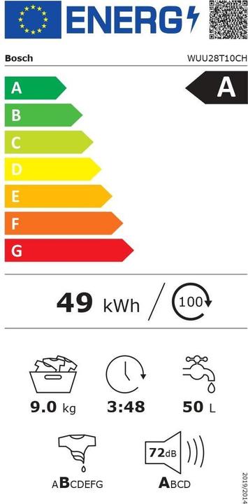 Energy Label Bosch Hausgeräte WUU28T10CH (9 kg, Left, CH plug)