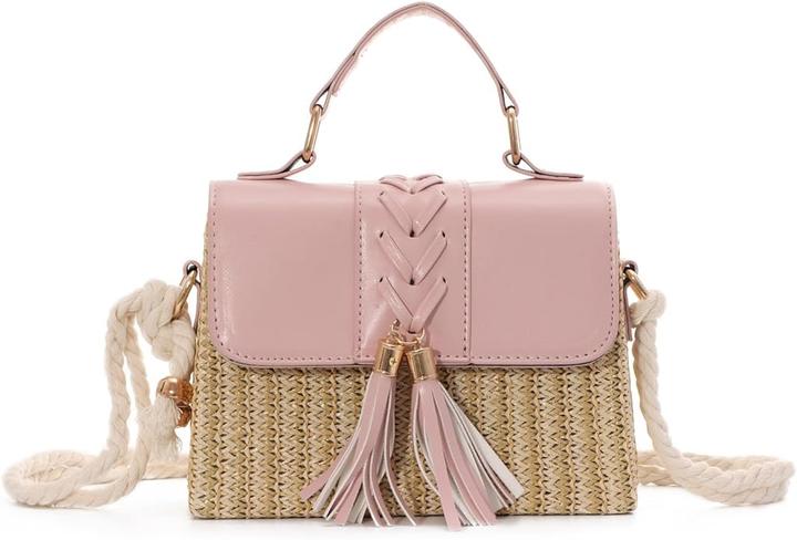 Produktbild Only-Bags.Store Quaste Dekor Stroh gewebt Handtaschen, Mini Rope Strap Crossbody Strandtasche, Frauen Top Handle