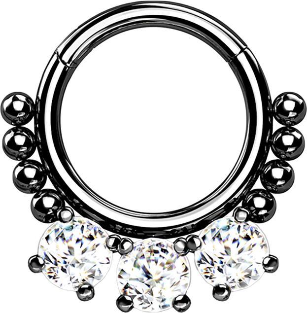 Produktbild Star Piercing Micro Segmentring klappbar schwarz Kugeln und drei Kristalle (Chirurgenstahl 316L, ohne Messing)