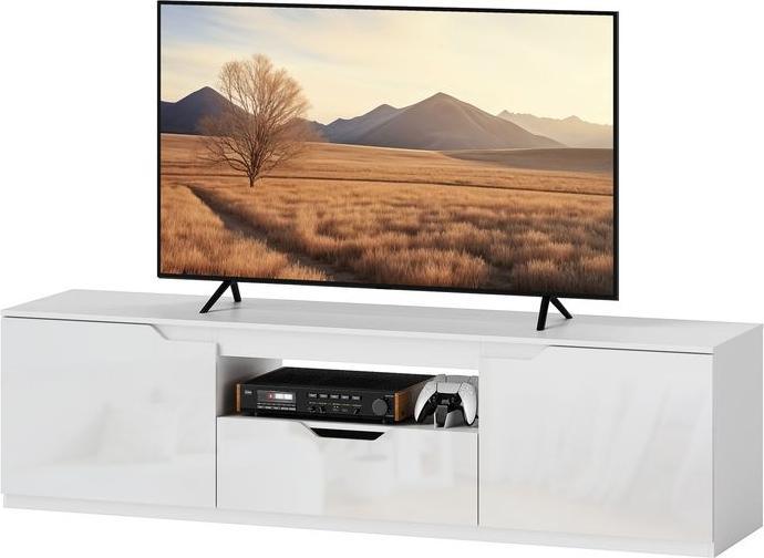 Actual product image Swisshandel24 Hochglanz TV-Lowboard für Fernseher bis 65 Zoll, 3 Fächer, Schublade, Weiss (160 x 38 x 43 cm)