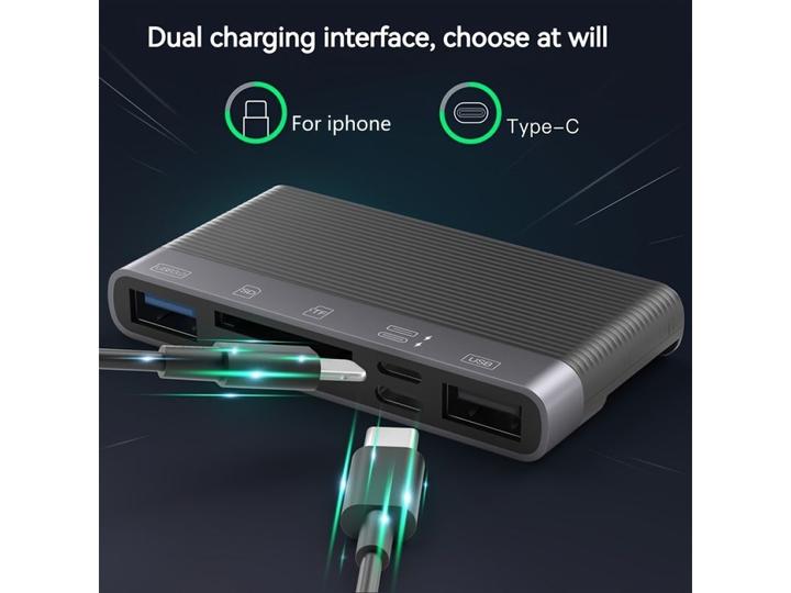 Actual product image PowerGuard 6-in-1 Multifunction Card Reader Photo USB 3.0 Adapter Lightning & Type-C
