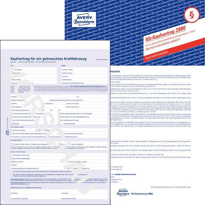 Actual product image Avery Contract of sale for a used motor vehicle (4 x)