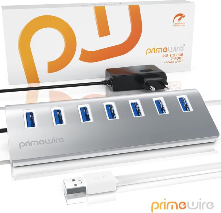 Produktbild Primewire 7 Port USB 3.2 Hub mit Netzteil,USB Hub gebürstetes Aluminium-Gehäuse (USB-A, 7 Ports)
