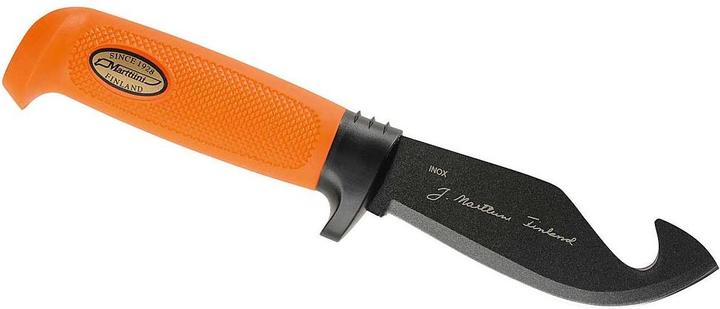 Marttiini Scuoiatore, acciaio inox, rivestimento Martef, gancio a strappo, plastica arancione.