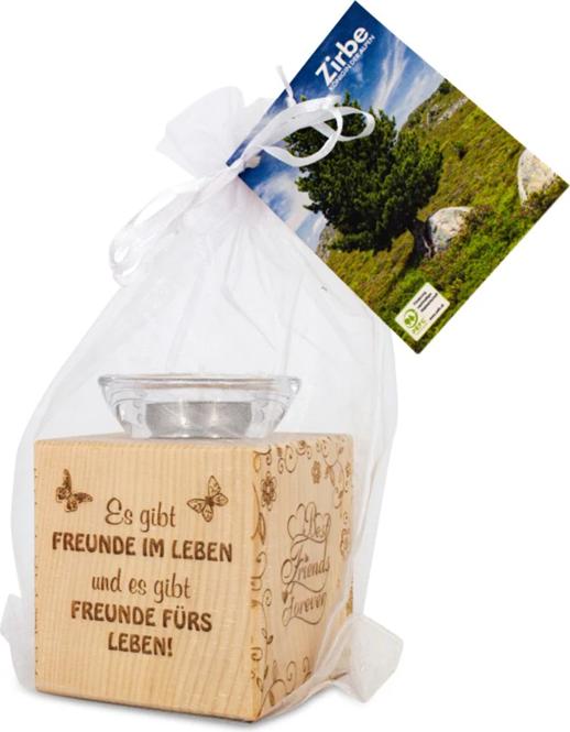 Immagine prodotto ZNatur Porta tealight in legno di pino svizzero cubo e vetro decorativo con incisione Ci sono amici nella (1 x)