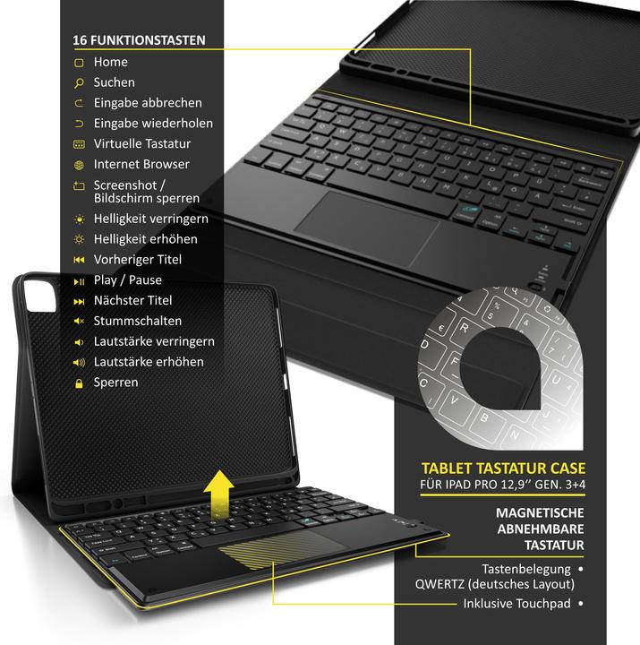 Produktbild Aplic Bluetooth Tablet Tastatur für iPad Pro 12,9 Zoll Gen 3 + 4, 280 mAh Akku, Keyboard mit Case (DE)