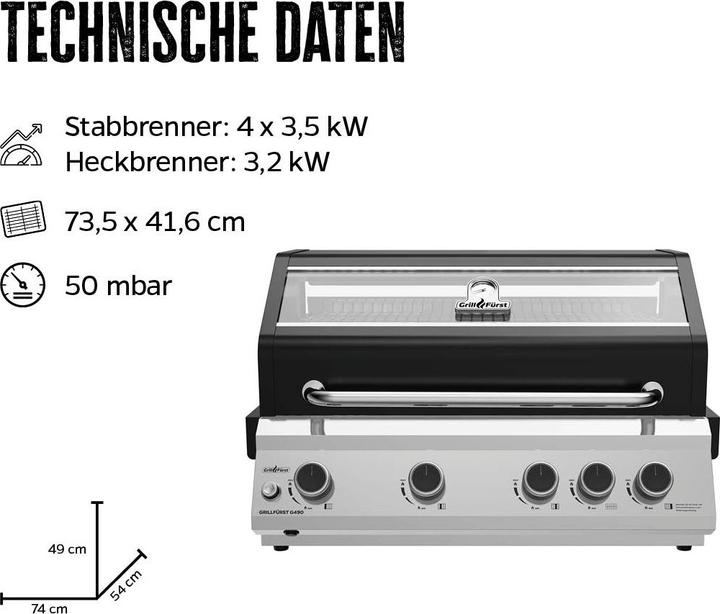 Produktbild Grillfürst G490G 4-Brenner Einbaugrill mit Heckbrenner und Gusseisen Rosten (14 kW)