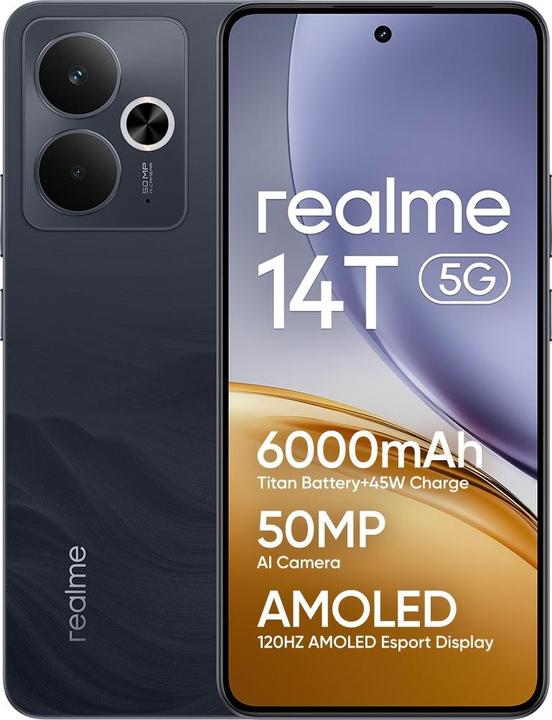 Image du produit realme 14T 5G 8GB 256GB Obsidian Black (256 Go, Obsidian Black, 6.67", 50 Mpx, 5G)