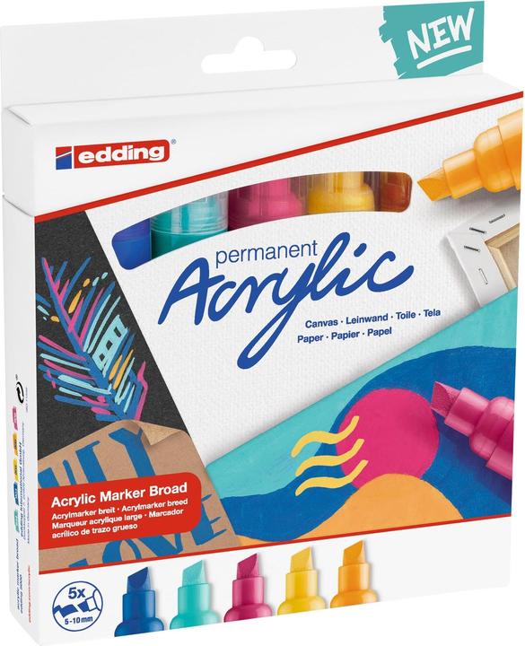 Produktbild Edding Acrylmarker (Verkehrsgelb, Enzianblau, Sonnengelb, Türkis, Telemagenta, 10 mm, 5 x)