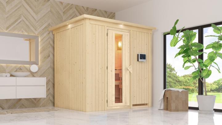 Actual product image Karibu Sauna Benin front entry, wreath (Plug & Play 3.6 KW external control)