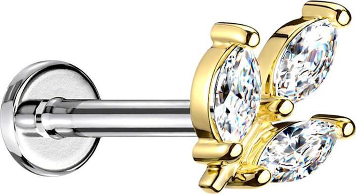 Star Piercing Micro Threadless Labret silber Blatt vergoldet drei Ovale Kristalle silber (Chirurgenstahl 316L, Messing)