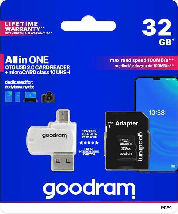 Actual product image Goodram M1A4-0320R12 - 32 GB - MicroSD - Class 10 - UHS-I - 100 MB/s - 10 MB/s (32 GB, microSD, U1, UHS-I)