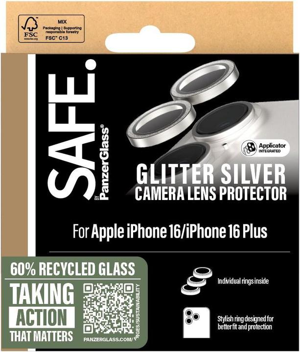 Actual product image PanzerGlass SAFE. by ® Camera Lens Protector Glitter Silver iPhone '24 6.1" | 6.7" (1 Piece, Apple iPhone 16 Plus, Apple iPhone 16)
