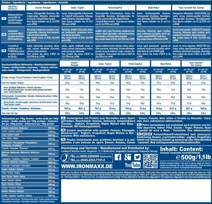 Valori nutrizionali e ingredienti IronMaxx 100% Whey Protein (sacchetto da 500g) (Fragola, 1 pz., 500 g)
