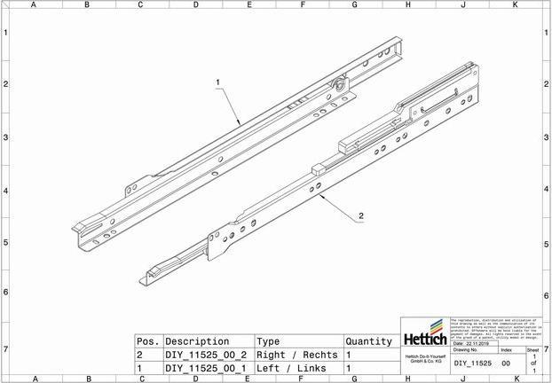 Actual product image Hettich Schubladenschiene Teilauszug Rollschubführung mit integrierter Dämpfung 450 mm weiss 2 Stück