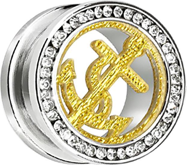 Immagine prodotto Star Piercing Tunnel di carne in argento con cristallo d'argento e ancora dorata (senza ottone, Acciaio chirurgico 316L)