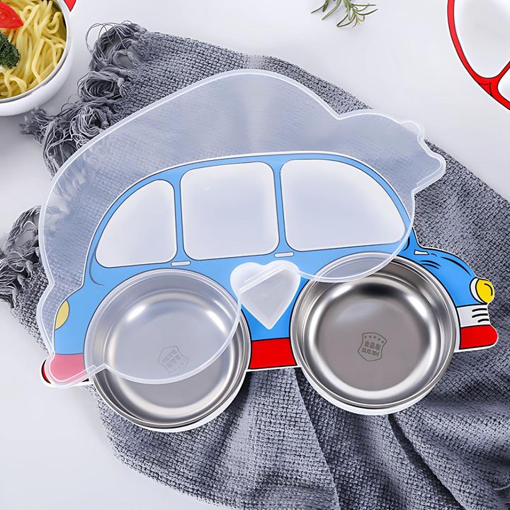 Actual product image Milkii Plate with lid & two stainless steel bowls, car - blue