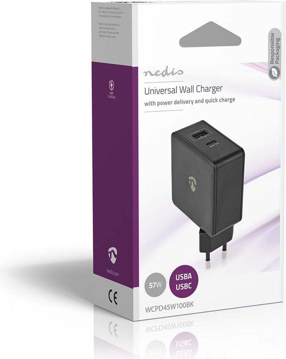 Actual product image Nedis Mains charger Fast charging function PD3.0 45W 1x 2.4 A / 1x 3.0 A Number of outputs: 2 USB-A/U (57 W)