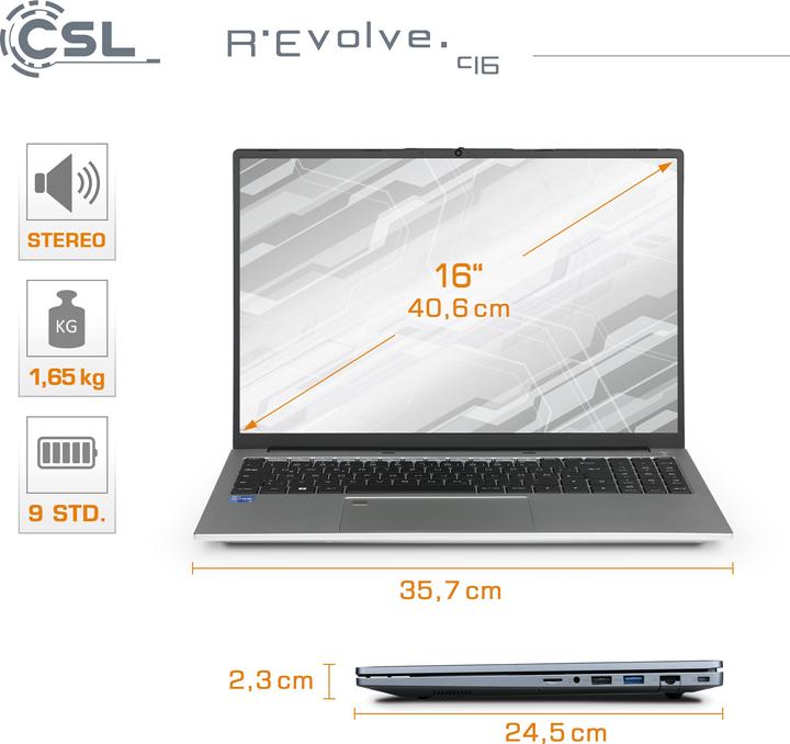 Produktbild CSL Notebook R'Evolve C16 (16", Intel Core i5-1235U, 64 GB, 2000 GB, DE)
