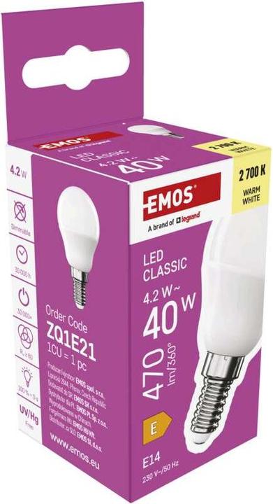Immagine prodotto Emos Lampada LED Classic Mini Globe / E14 / 4,2 W (40 W) / 470 lm / Bianco caldo (E14, 4.20 W, 470 lm, 1 x, E)