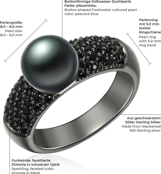 Immagine prodotto Valero Pearls Donna Argento 925 Cubic Zirconia Perle d'acqua dolce coltivate Nero - 2198 (62, 925 Argento)