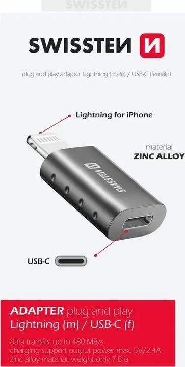 Actual product image Swissten Adapter Lightning(M)/USB-C(F) (USB Type C, Lightning)
